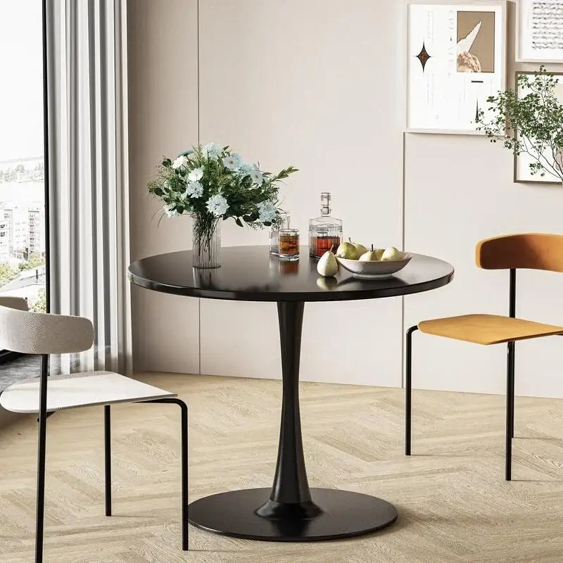 Table de cuisine ou de salle à manger ronde de style Mid-Century avec plateau en MDF de qualité supérieure et pied central en acier.