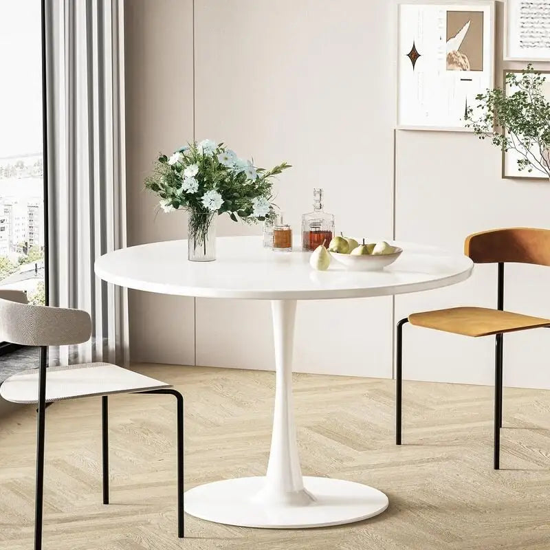 Table de cuisine ou de salle à manger ronde de style Mid-Century avec plateau en MDF de qualité supérieure et pied central en acier.