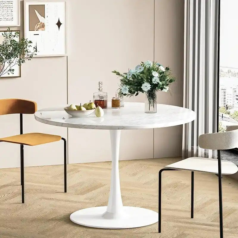 Table de cuisine ou de salle à manger ronde de style Mid-Century avec plateau en MDF de qualité supérieure et pied central en acier.