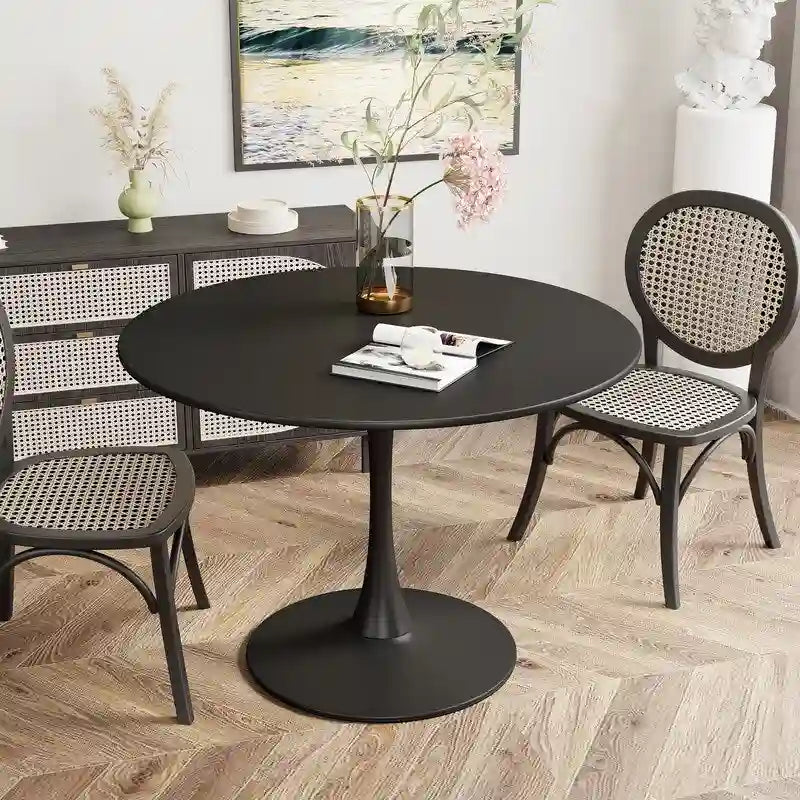 Table de cuisine ou de salle à manger ronde de style Mid-Century avec plateau en MDF de qualité supérieure et pied central en acier.