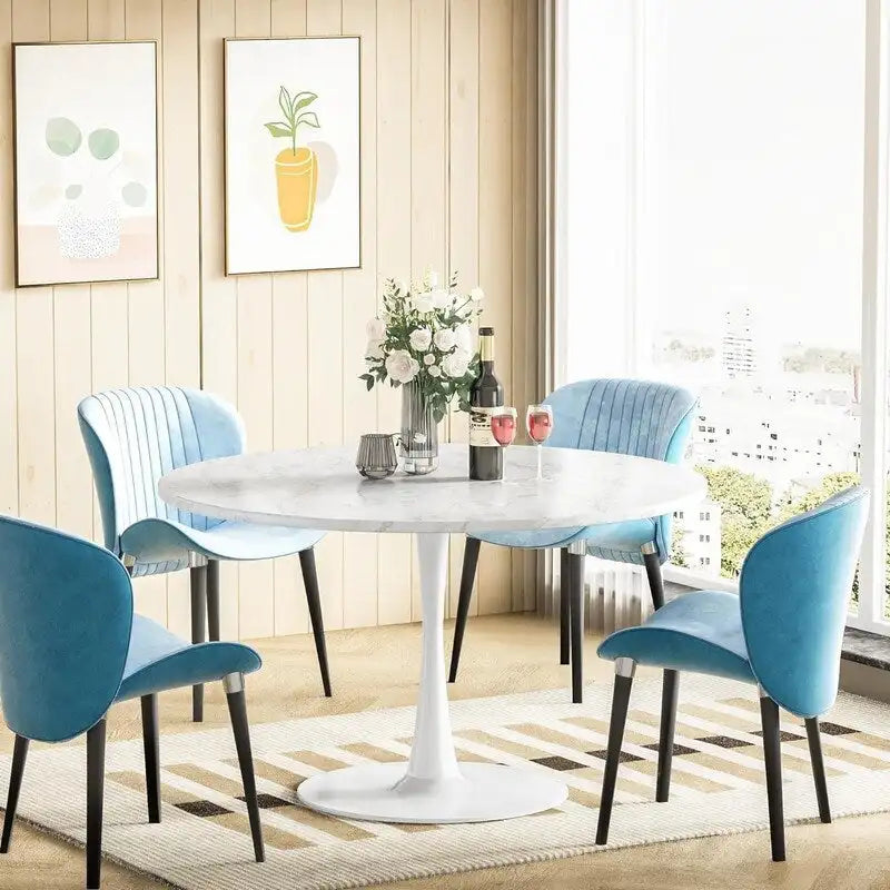 Table de cuisine ou de salle à manger ronde de style Mid-Century avec plateau en MDF de qualité supérieure et pied central en acier.