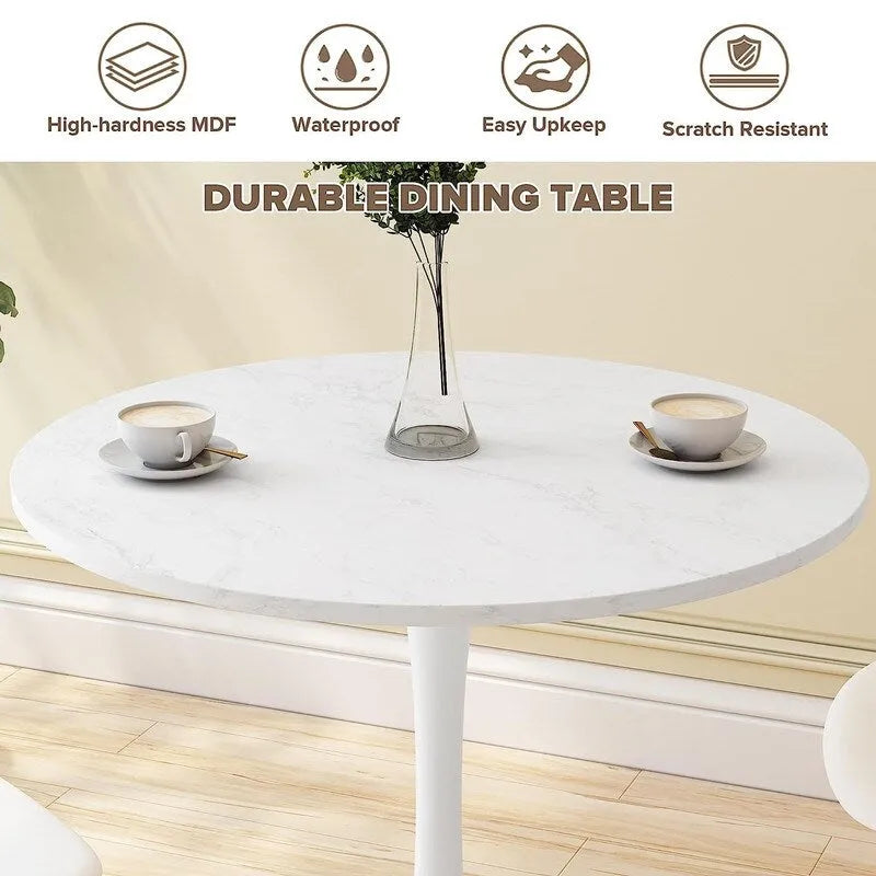 Table de cuisine ou de salle à manger ronde de style Mid-Century avec plateau en MDF de qualité supérieure et pied central en acier.