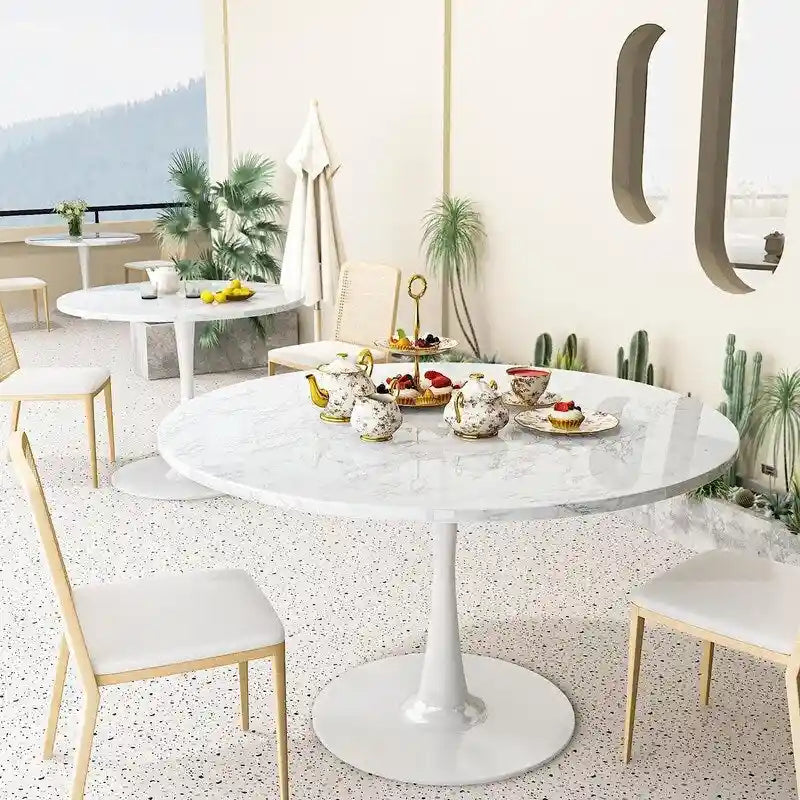 Table de cuisine ou de salle à manger ronde de style Mid-Century avec plateau en MDF de qualité supérieure et pied central en acier.