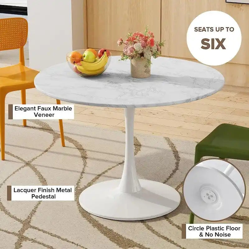 Table de cuisine ou de salle à manger ronde de style Mid-Century avec plateau en MDF de qualité supérieure et pied central en acier.