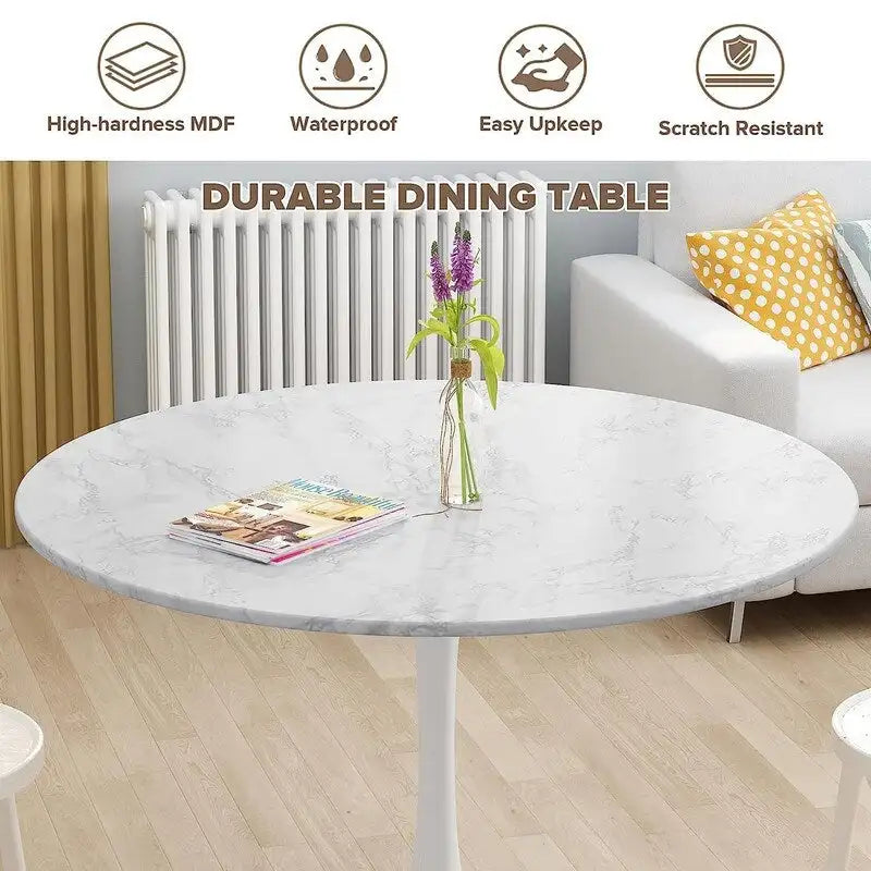 Table de cuisine ou de salle à manger ronde de style Mid-Century avec plateau en MDF de qualité supérieure et pied central en acier.