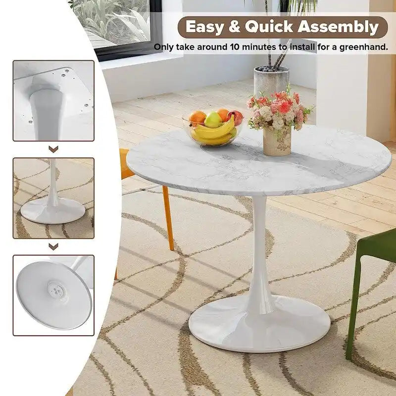 Table de cuisine ou de salle à manger ronde de style Mid-Century avec plateau en MDF de qualité supérieure et pied central en acier.