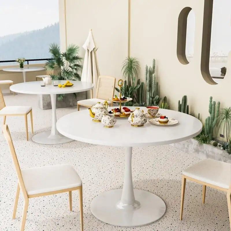 Table de cuisine ou de salle à manger ronde de style Mid-Century avec plateau en MDF de qualité supérieure et pied central en acier.