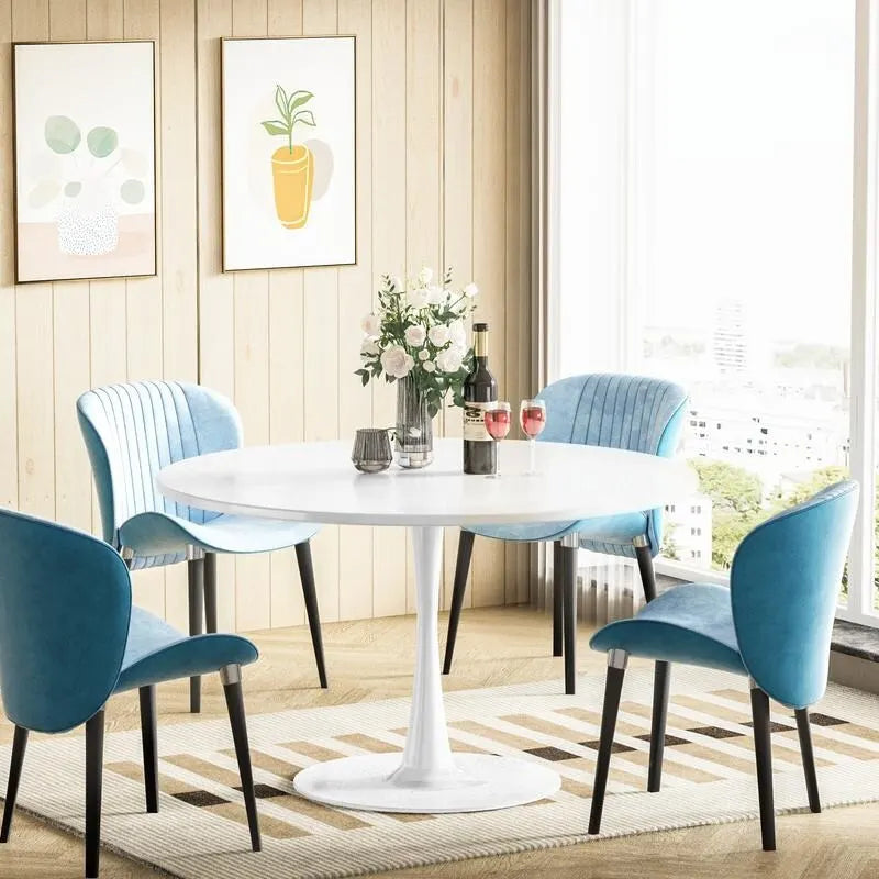 Table de cuisine ou de salle à manger ronde de style Mid-Century avec plateau en MDF de qualité supérieure et pied central en acier.