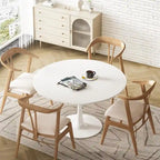 Table de cuisine ou de salle à manger ronde de style Mid-Century avec plateau en MDF de qualité supérieure et pied central en acier.
