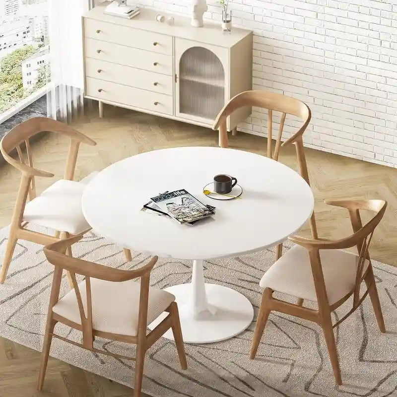 Table de cuisine ou de salle à manger ronde de style Mid-Century avec plateau en MDF de qualité supérieure et pied central en acier.