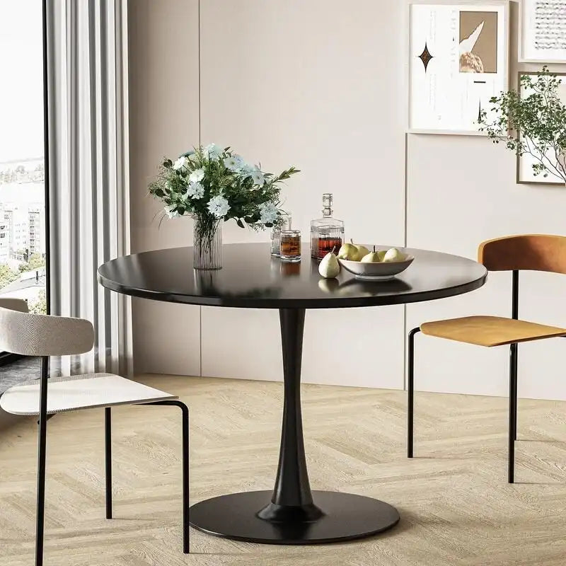 Table de cuisine ou de salle à manger ronde de style Mid-Century avec plateau en MDF de qualité supérieure et pied central en acier.
